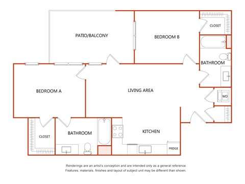 Floor plan for 2 beds, 2 baths, 990 sqft